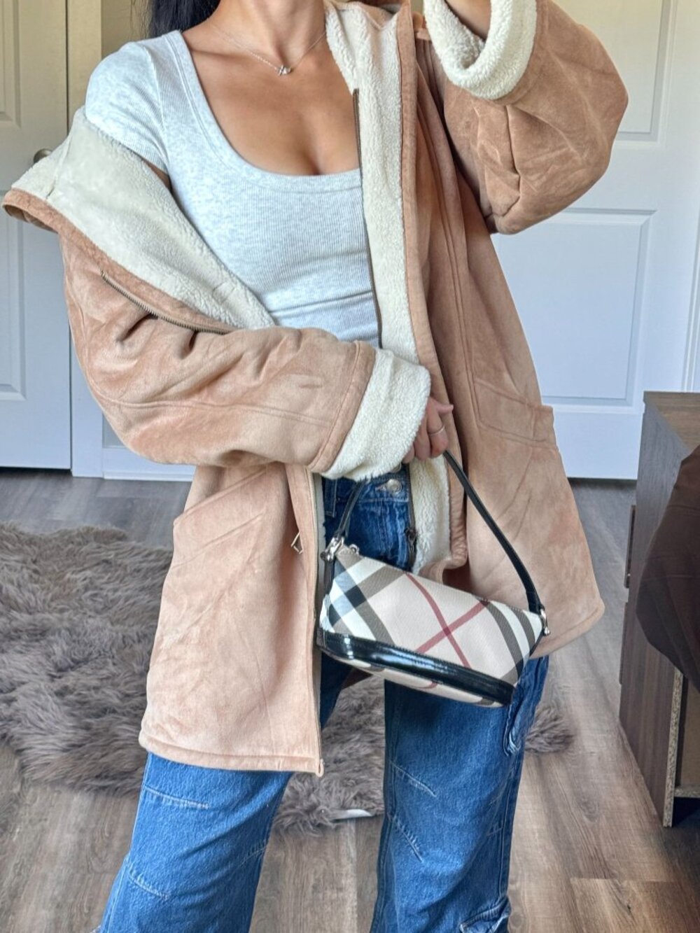 Y2K Gallery Sherpa Lined Suede Coat Size XL Hooded Tan Winter Barn Chore Clasp